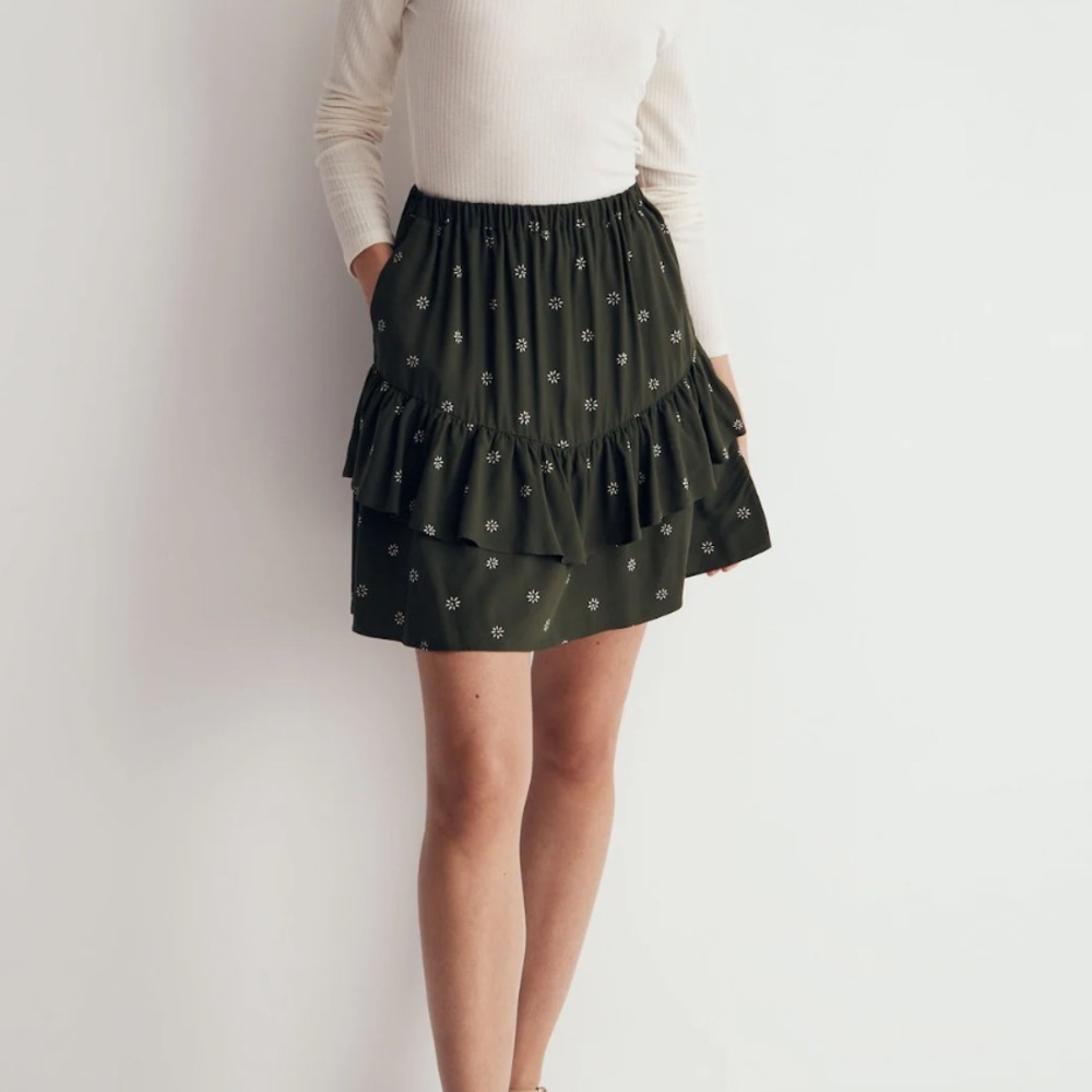 Madewell Pull On Ruffle Tiered Mini Skirt Dot Daisie Dark Forest Green